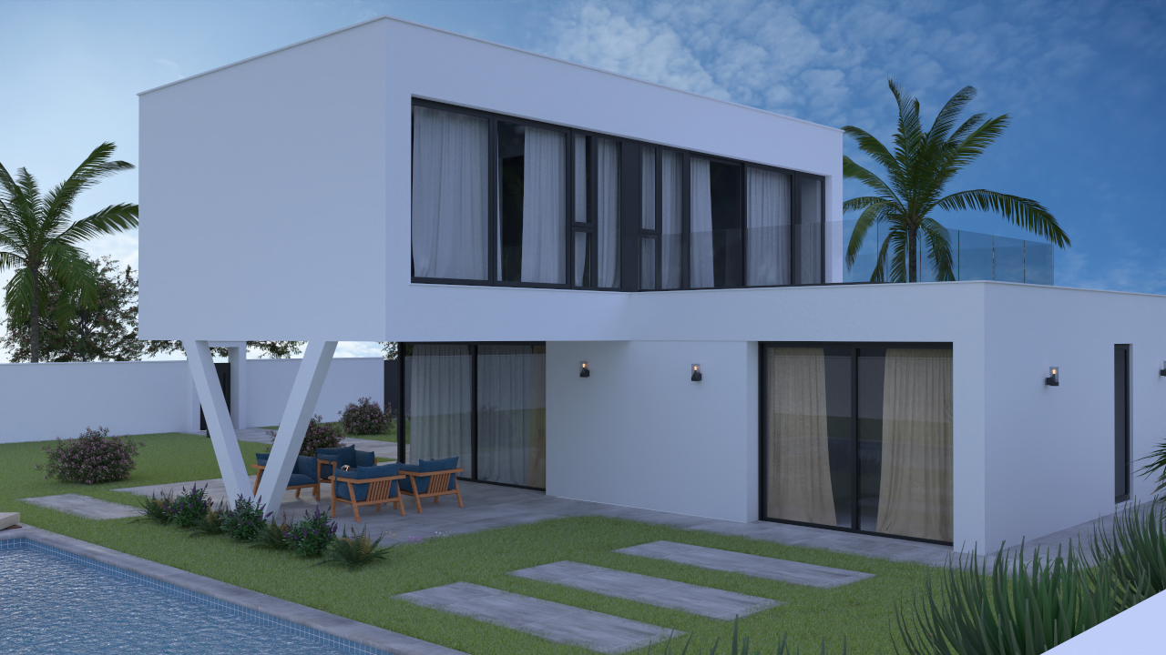 Modern villa exterior featuring a white minimalist facade, cantilevered upper floor with V-shaped supports, glass-railed terrace, and a private pool with paved garden paths.