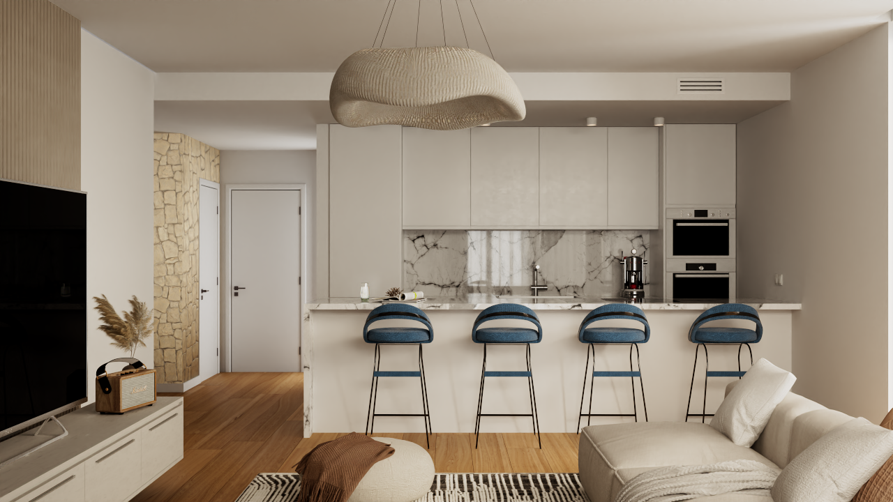 Open-plan kitchen featuring a marble island with blue bar stools, integrated appliances, and a seamless transition to the living area with warm wood flooring.