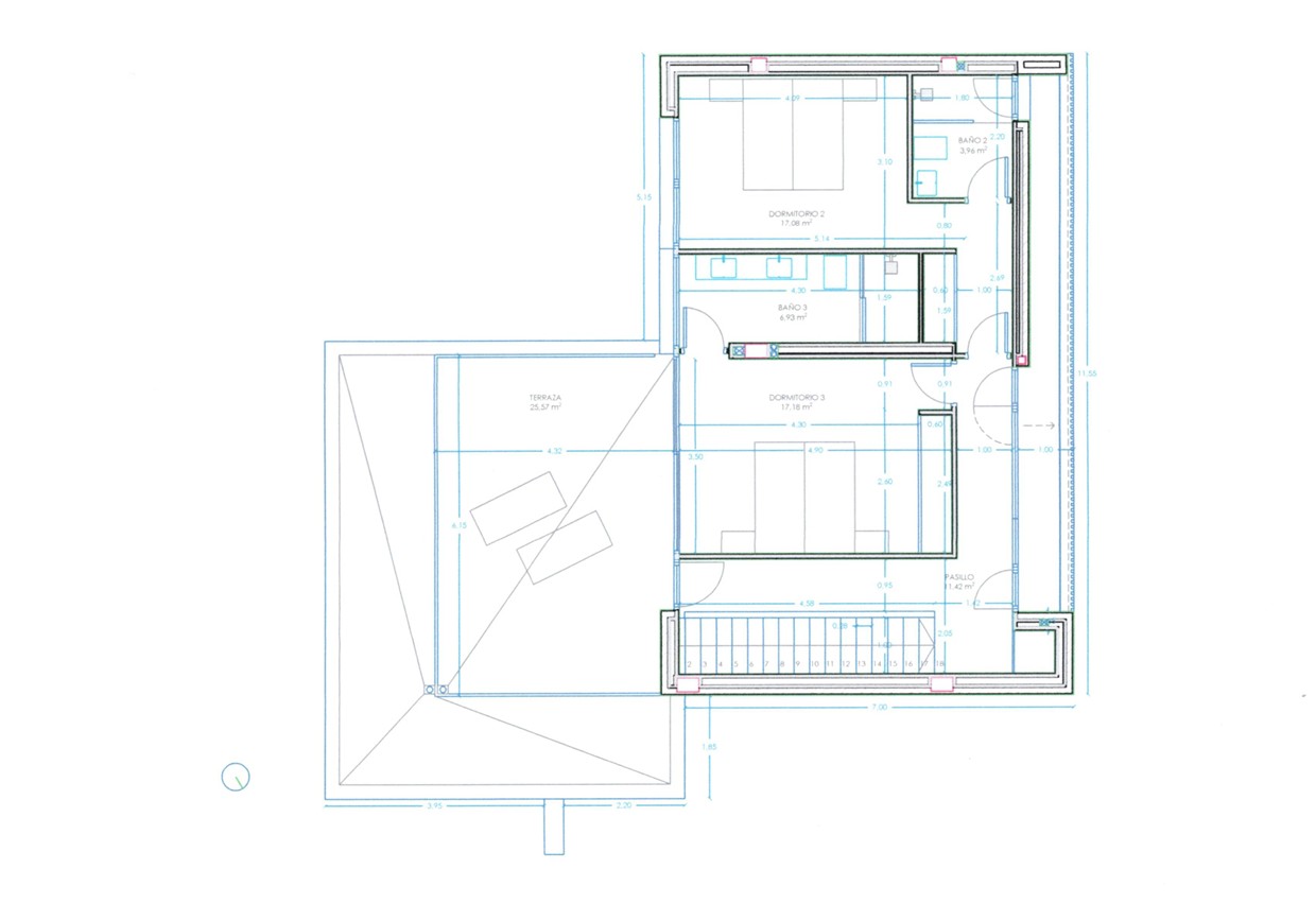 Technical floor plan of Model C's upper floor, detailing two bedrooms with en-suite bathrooms and a 25.57 m² outdoor terrace.