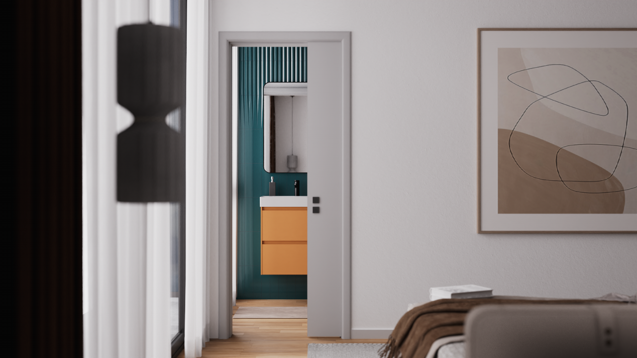 View from the bedroom into the en-suite bathroom featuring a space-saving pocket door, teal fluted wall tiles, and a contemporary mustard vanity unit.