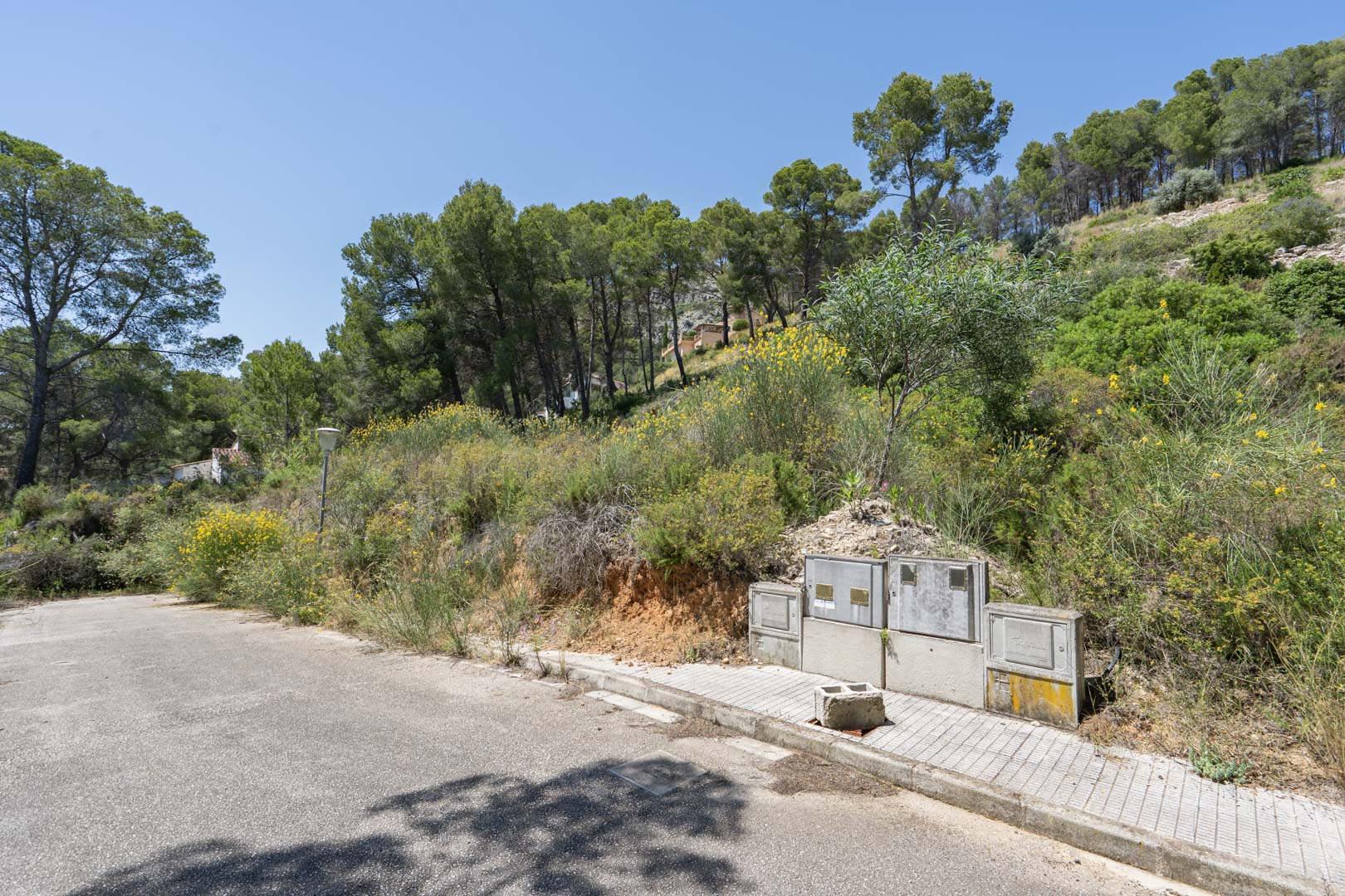 View of an elevated building plot in Alcalalí, featuring paved road access, utility connection points, and a natural hillside landscape with pine trees.