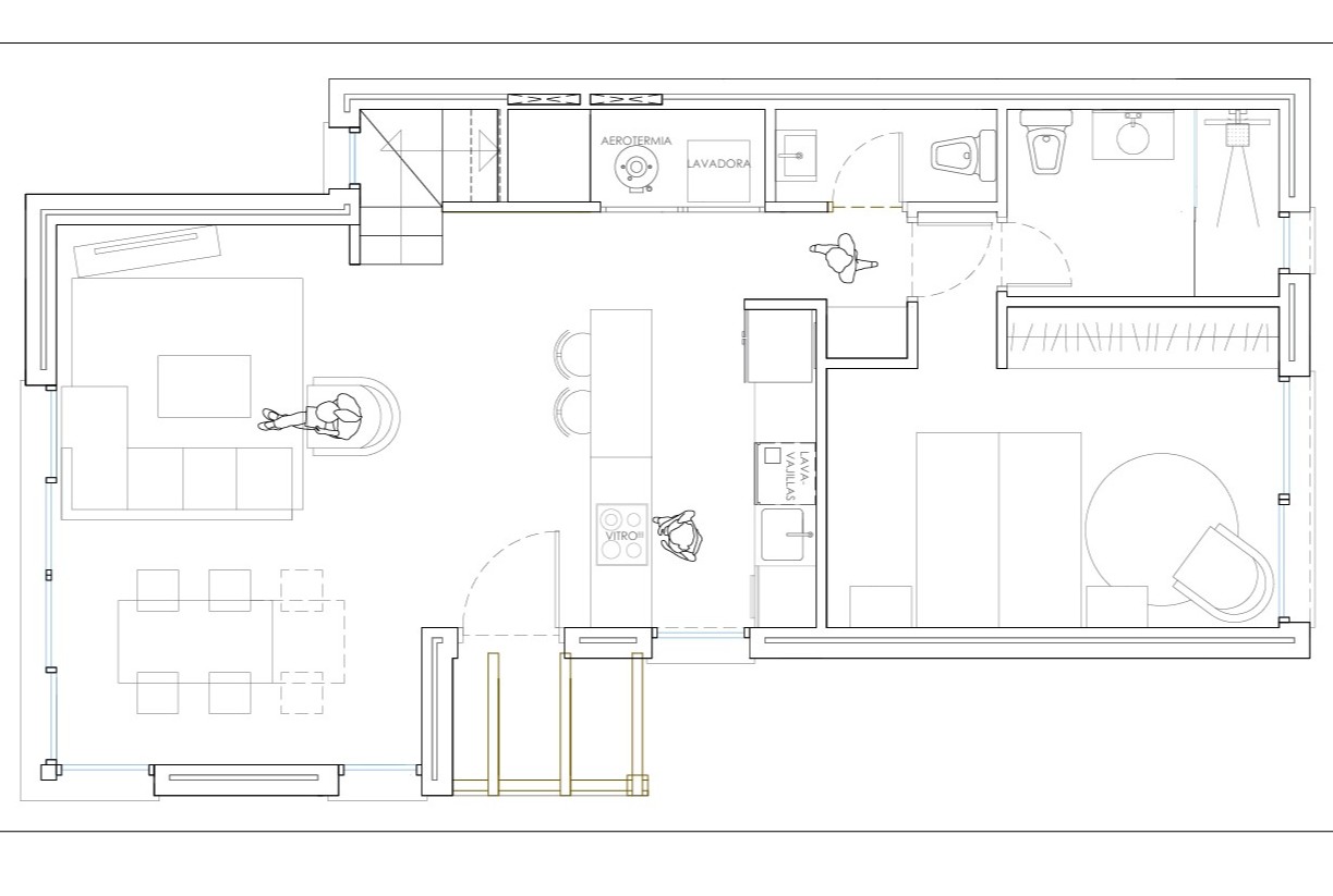 Ground floor architectural plan showing the open-plan living area, kitchen island, dedicated utility room for aerothermal equipment, and master bedroom with ensuite.
