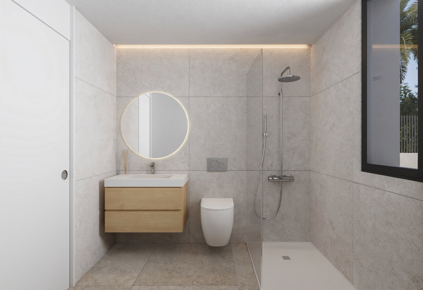 Modern bathroom featuring stone-effect tiling, a floating wooden vanity, circular backlit mirror, and a walk-in shower with minimalist glass partition.