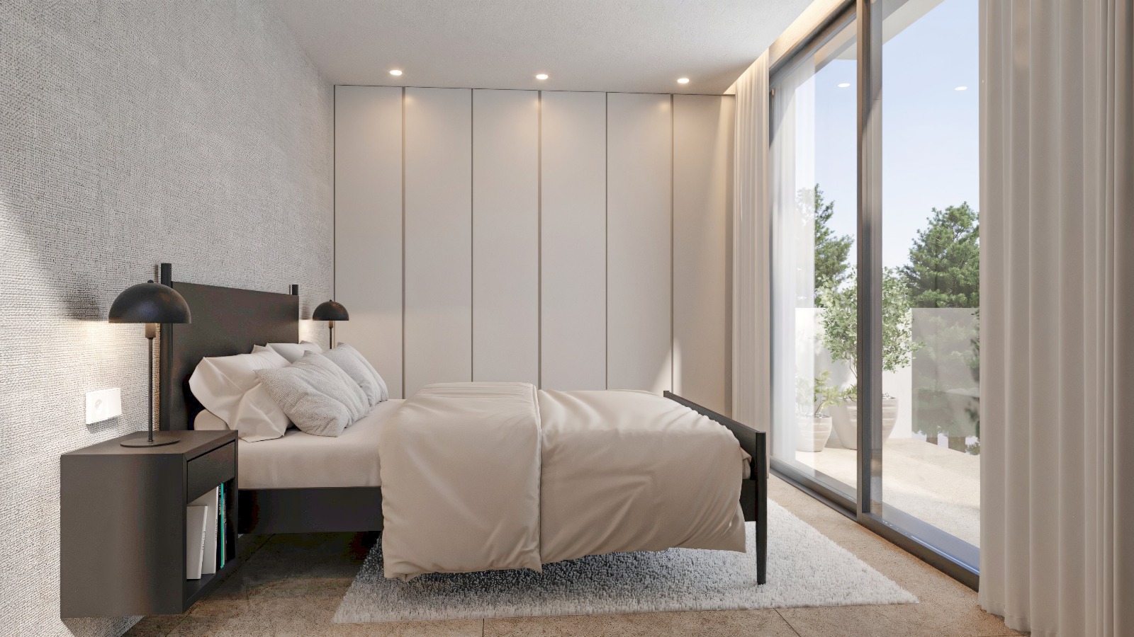 Modern bedroom featuring floor-to-ceiling built-in wardrobes, recessed lighting, and large sliding glass doors opening onto a private terrace with nature views.