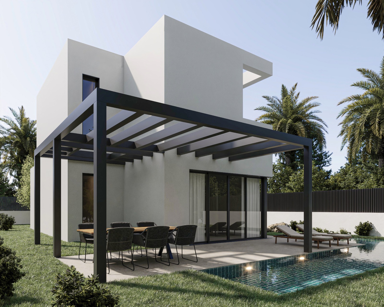 Modern villa exterior featuring a black metal pergola, outdoor dining area, and a private pool with turquoise tiling and integrated lighting.