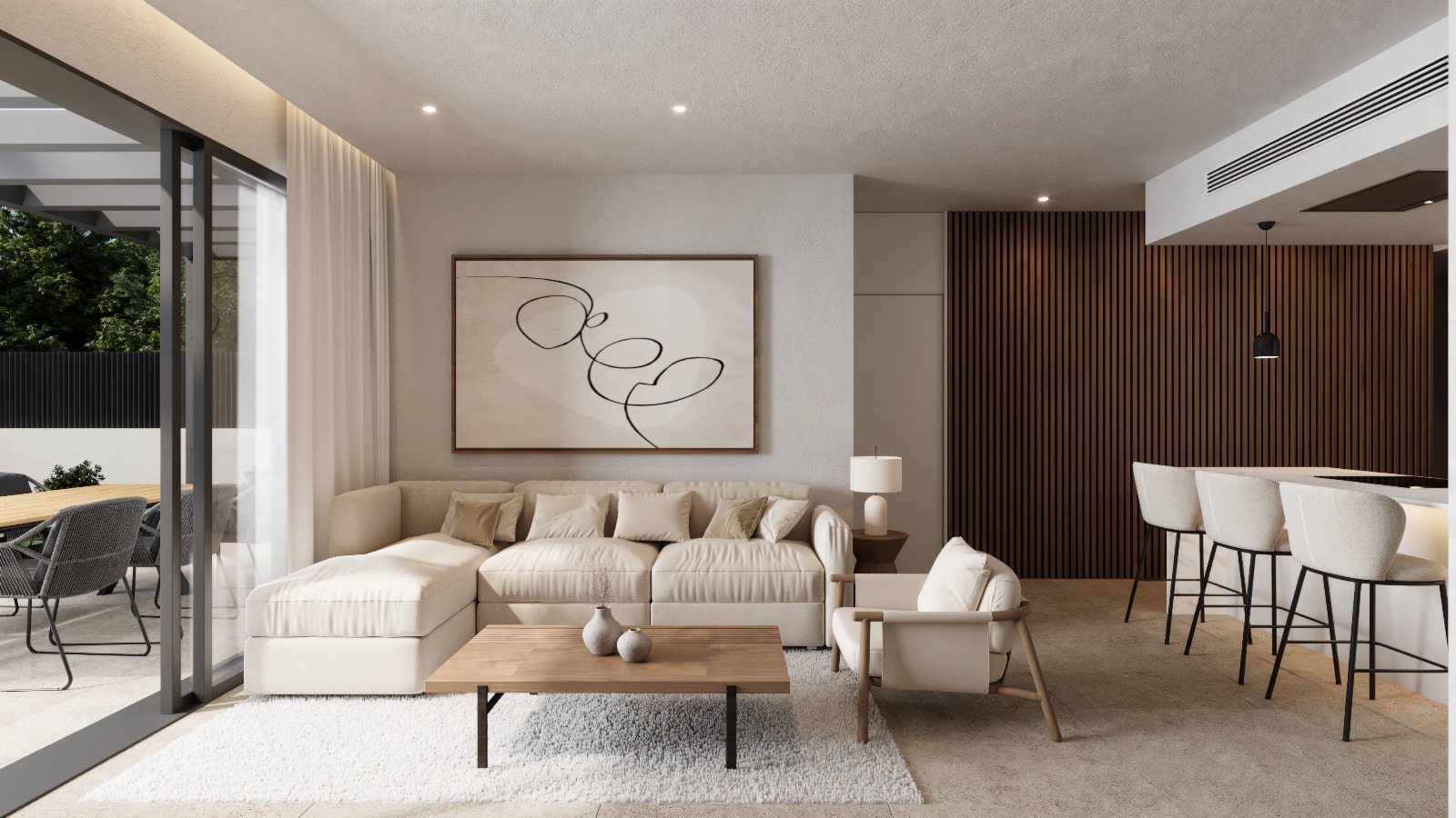 Open-plan living space featuring a modular sofa, vertical wood accents, and direct terrace access through large sliding glass doors.