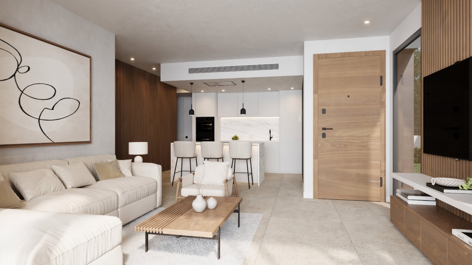 Open-plan living space featuring decorative wood paneling, a marble-topped kitchen island with breakfast bar, and integrated BOSCH appliances.