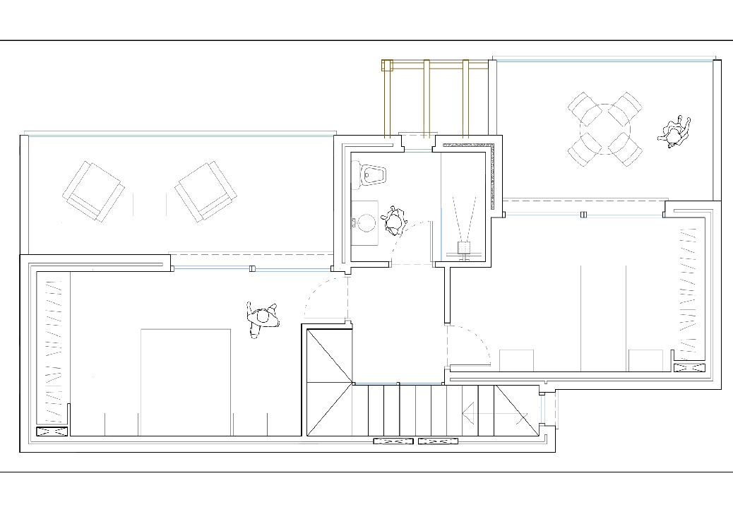 Upper floor plan featuring two double bedrooms with built-in wardrobes, a shared bathroom, and direct access to spacious private terraces.