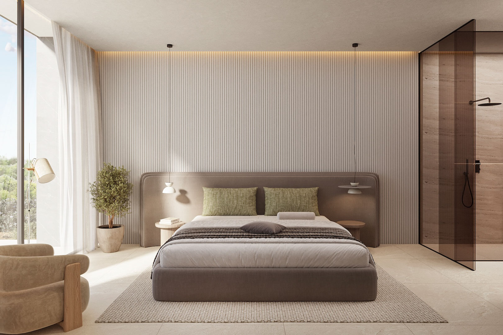 Master bedroom featuring vertical slat wall paneling, indirect LED lighting, and an integrated ensuite with a smoked glass shower partition.