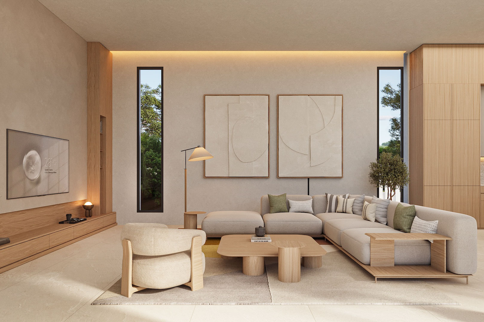 Minimalist living area featuring a modular sofa, natural wood accents, and floor-to-ceiling slit windows. Indirect LED lighting complements the neutral palette and textured wall art.