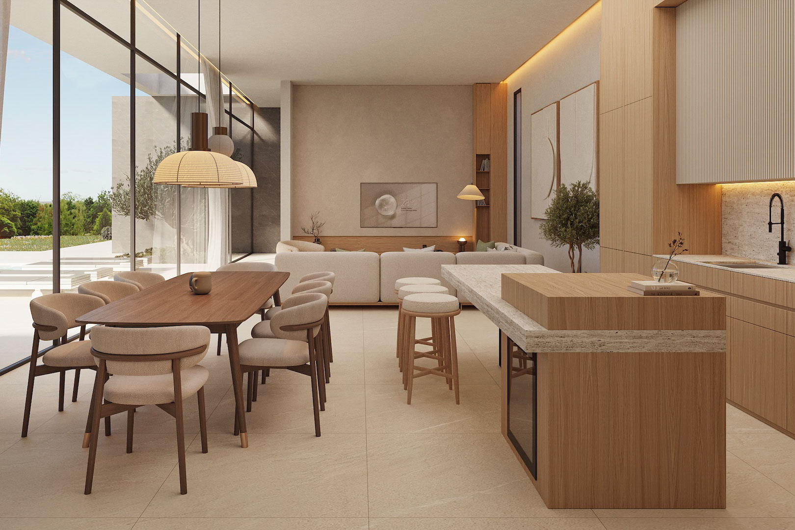 Open-concept living area featuring a stone kitchen island, wooden dining set, and floor-to-ceiling glass walls that integrate the interior with the outdoor terrace.