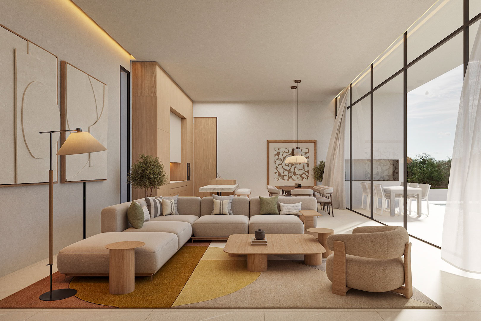 Open-concept living area featuring light wood cabinetry, floor-to-ceiling glass walls, and a neutral-toned lounge with integrated dining space.