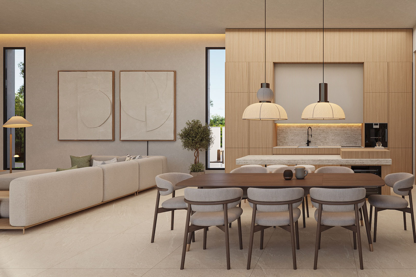 Open-plan living and dining area featuring a dark wood table, designer pendant lighting, and a minimalist kitchen with natural wood cabinetry.