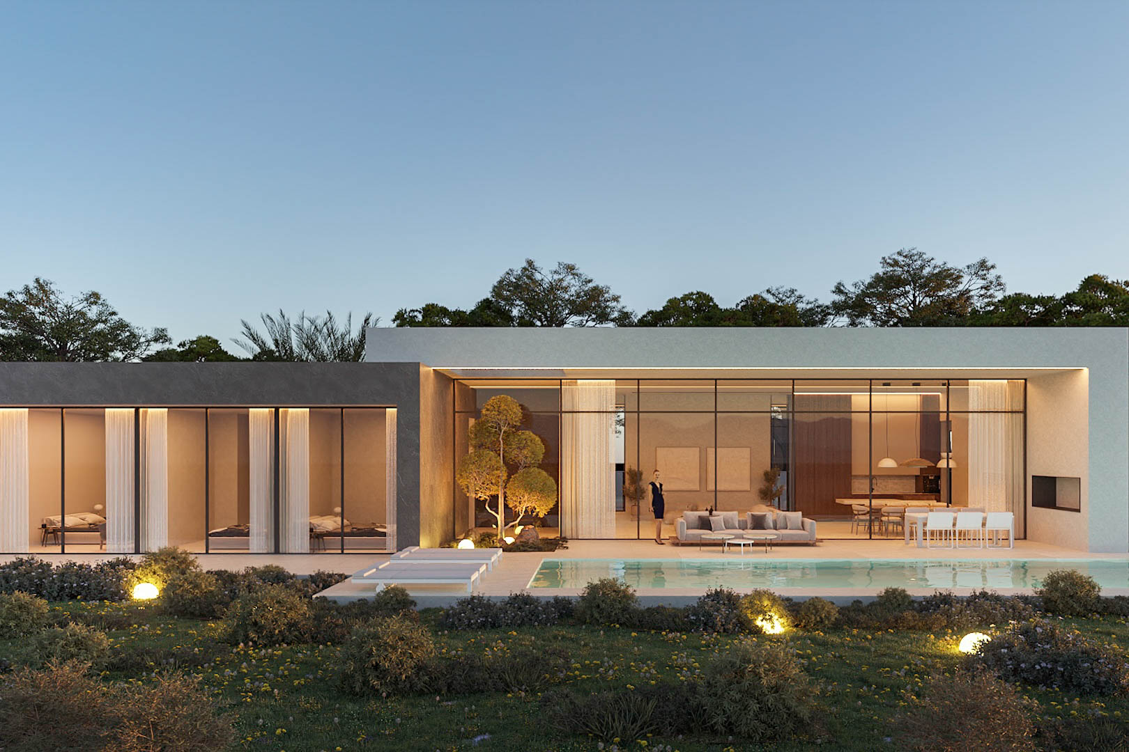Twilight exterior featuring floor-to-ceiling glass facades, a large swimming pool, and a landscaped garden with spherical lighting highlighting the minimalist architectural lines.