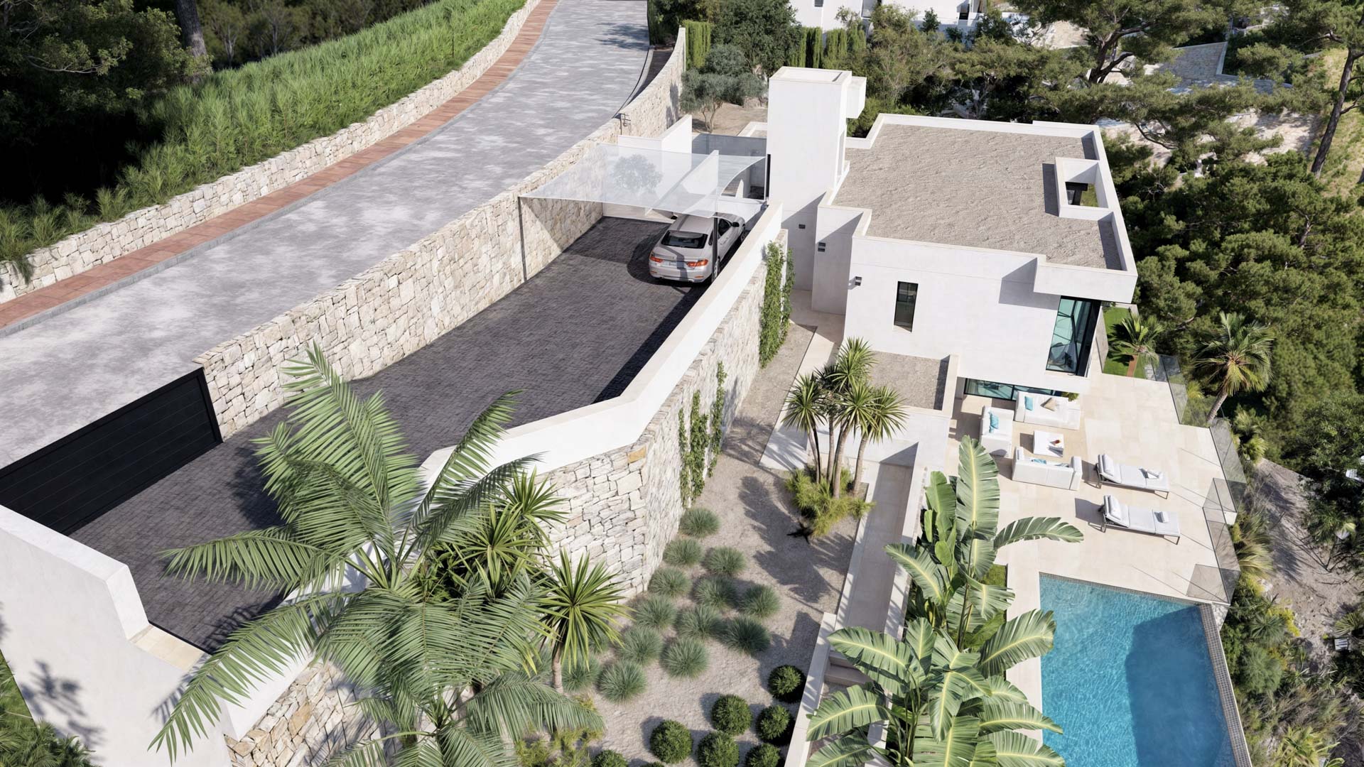 Aerial perspective of the main entrance featuring dry stone walls, a shaded parking bay, and the tiered layout leading to the pool terrace and landscaped gardens.