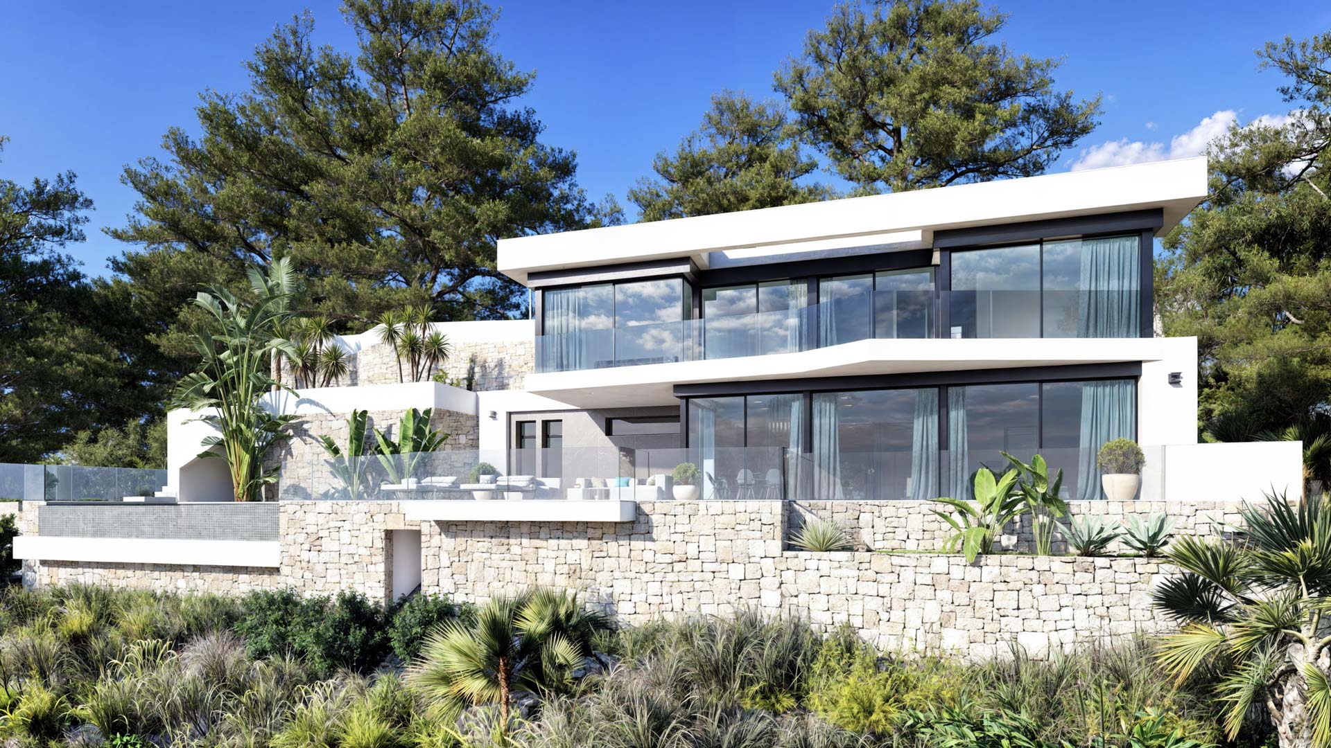 Contemporary exterior featuring natural stone walls, expansive floor-to-ceiling windows, and glass-railed terraces surrounded by Mediterranean pines.