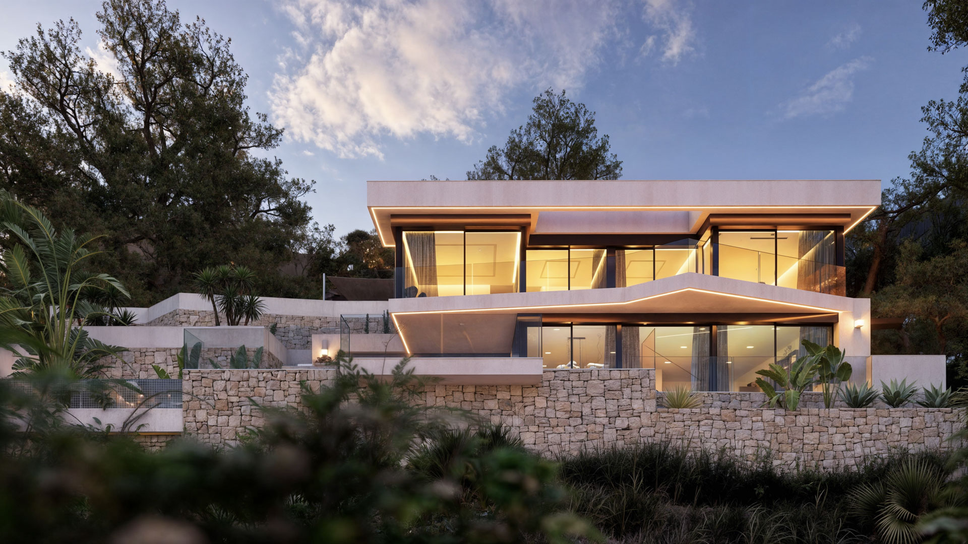 Exterior view of the multi-level villa featuring natural stone walls, integrated LED lighting, and expansive glass facades integrated into the sloped landscape.