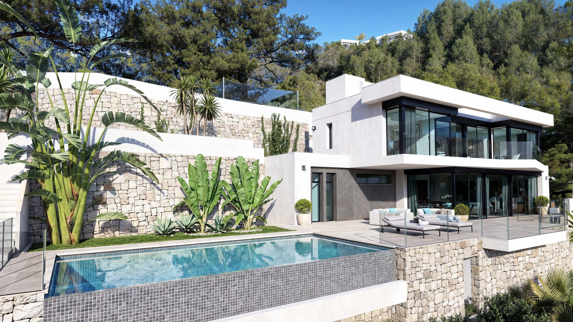 Exterior view of the villa featuring an infinity pool, natural stone walls, and expansive glass terraces set against a Mediterranean pine forest backdrop.