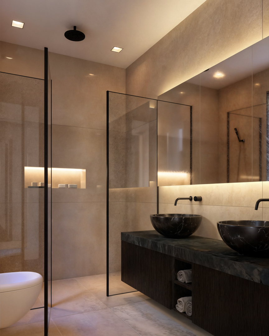 Modern bathroom featuring double black marble vessel sinks on a floating vanity. Includes a walk-in shower with glass partitions, matte black fixtures, and integrated LED lighting.