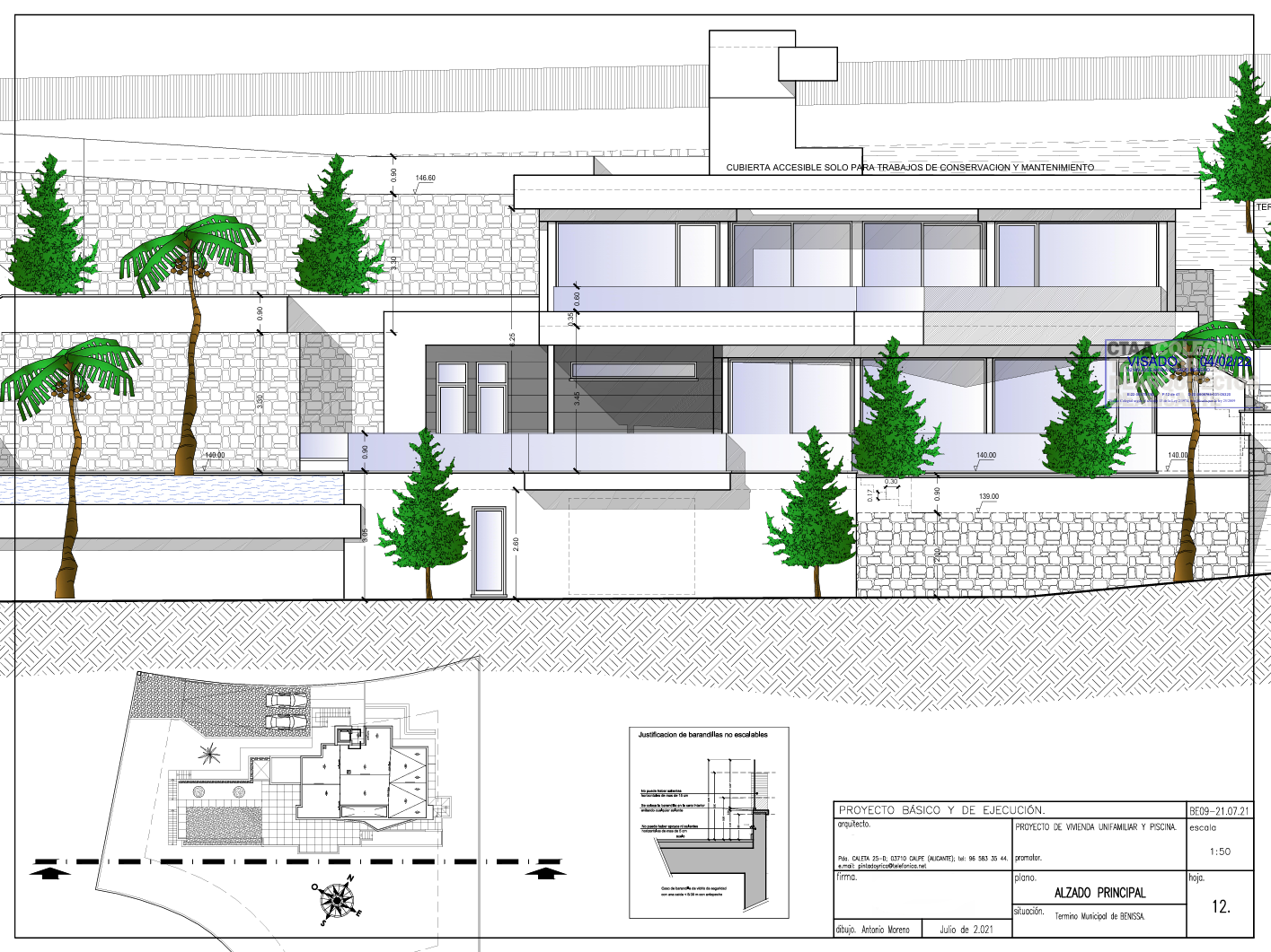 Technical architectural drawing showing the main elevation with multi-level design, expansive glazing, stone cladding details, and integrated outdoor terrace spaces.