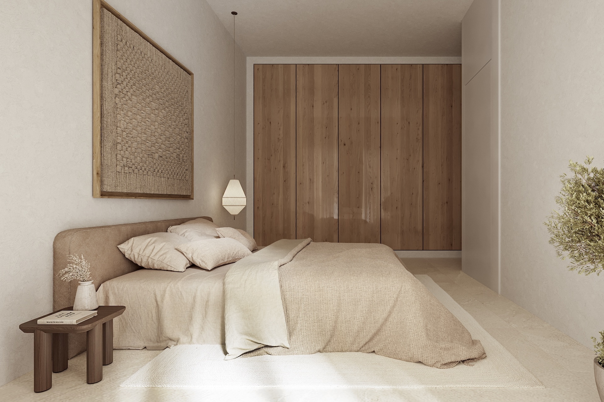 Master bedroom featuring floor-to-ceiling wooden wardrobes, neutral textured walls, and a minimalist design with organic woven decor.
