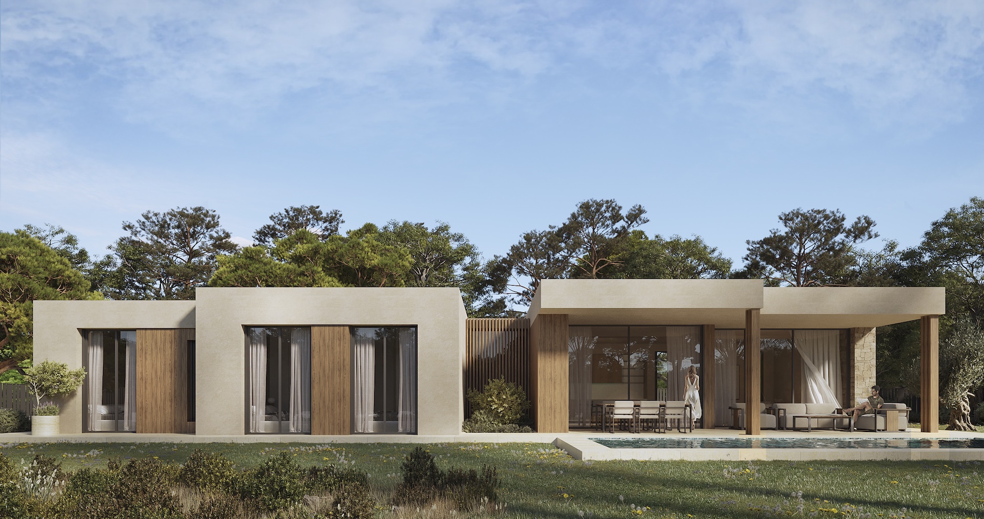 Modern single-story facade featuring wood and natural stone accents, with a spacious covered terrace overlooking the private pool and landscaped garden.