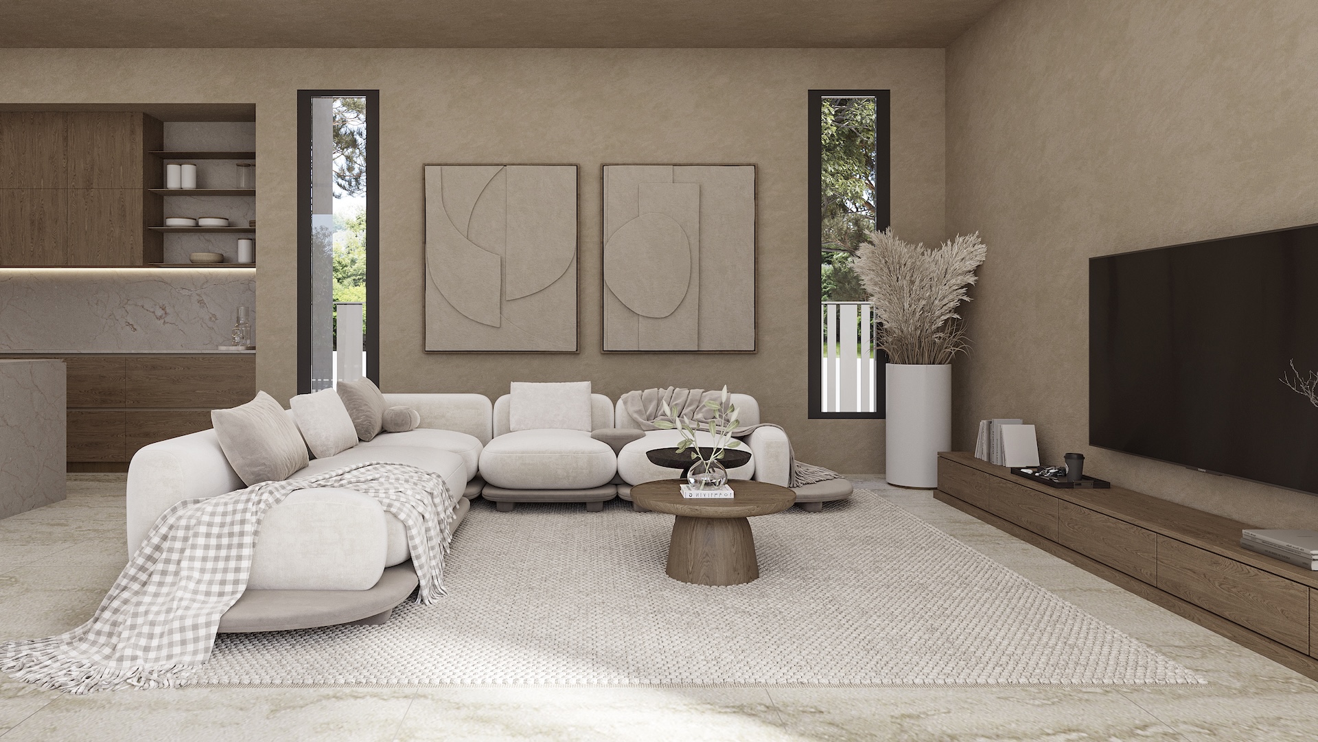 Open-plan living area featuring a curved modular sofa, textured earth-toned walls with relief art, and an integrated kitchen with dark wood cabinetry.