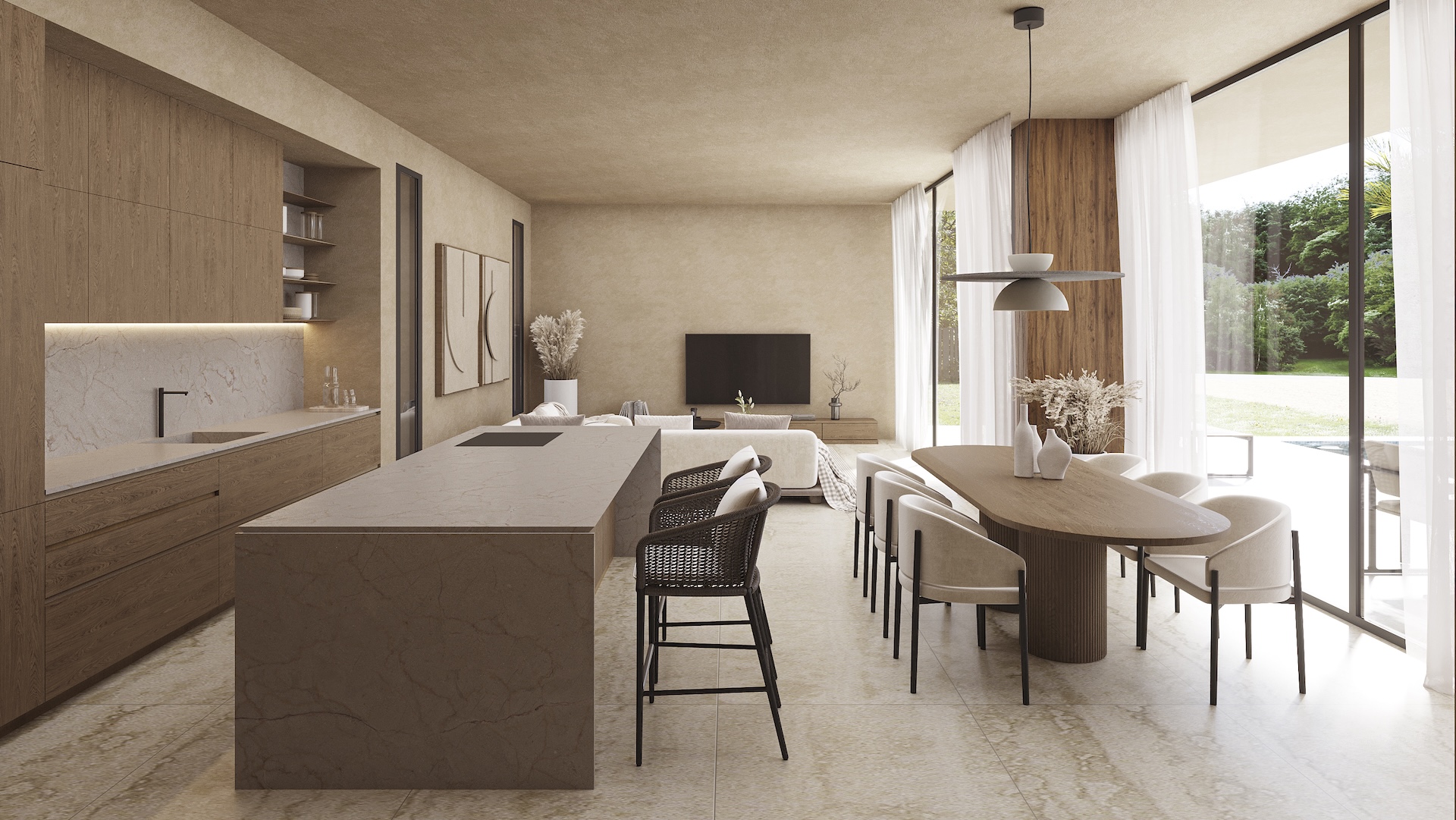 Open-plan living space featuring a wood-paneled kitchen, stone island, and dining area, illuminated by floor-to-ceiling windows facing the garden.