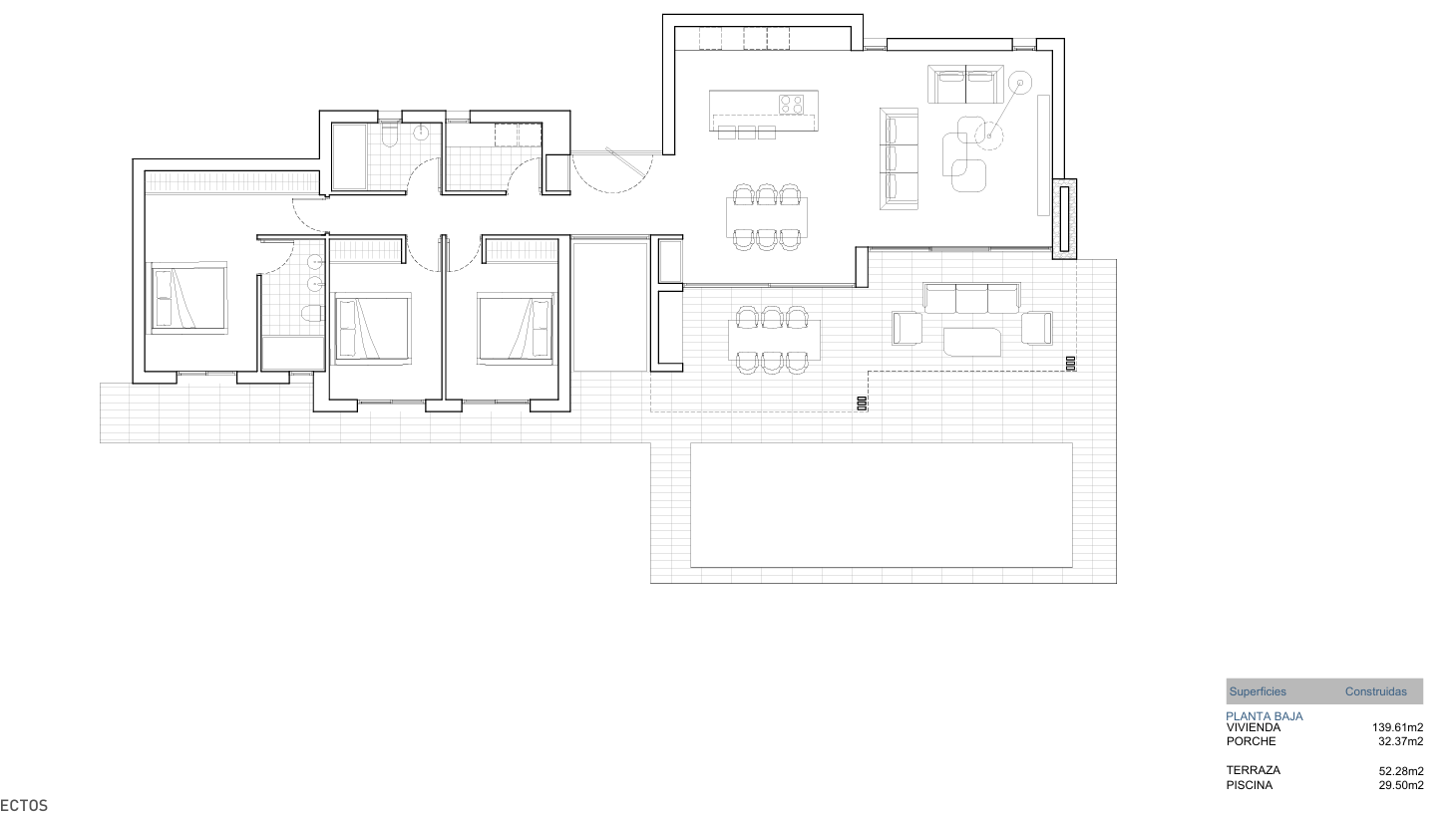 Technical floor plan of the ground floor detailing the layout of three bedrooms, two bathrooms, open kitchen, and the extensive outdoor area with porch and pool.