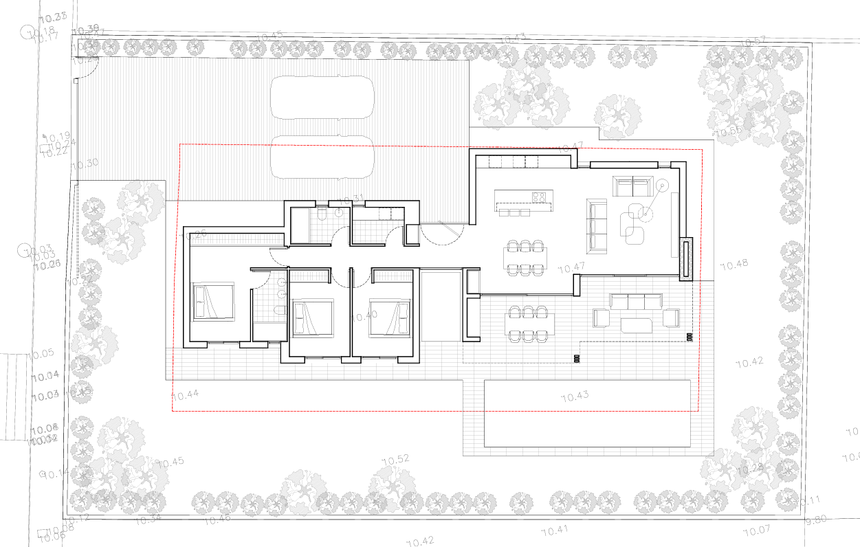 Technical floor plan of the villa detailing the layout of three bedrooms, open-plan living area, terraces, swimming pool, and on-site parking.