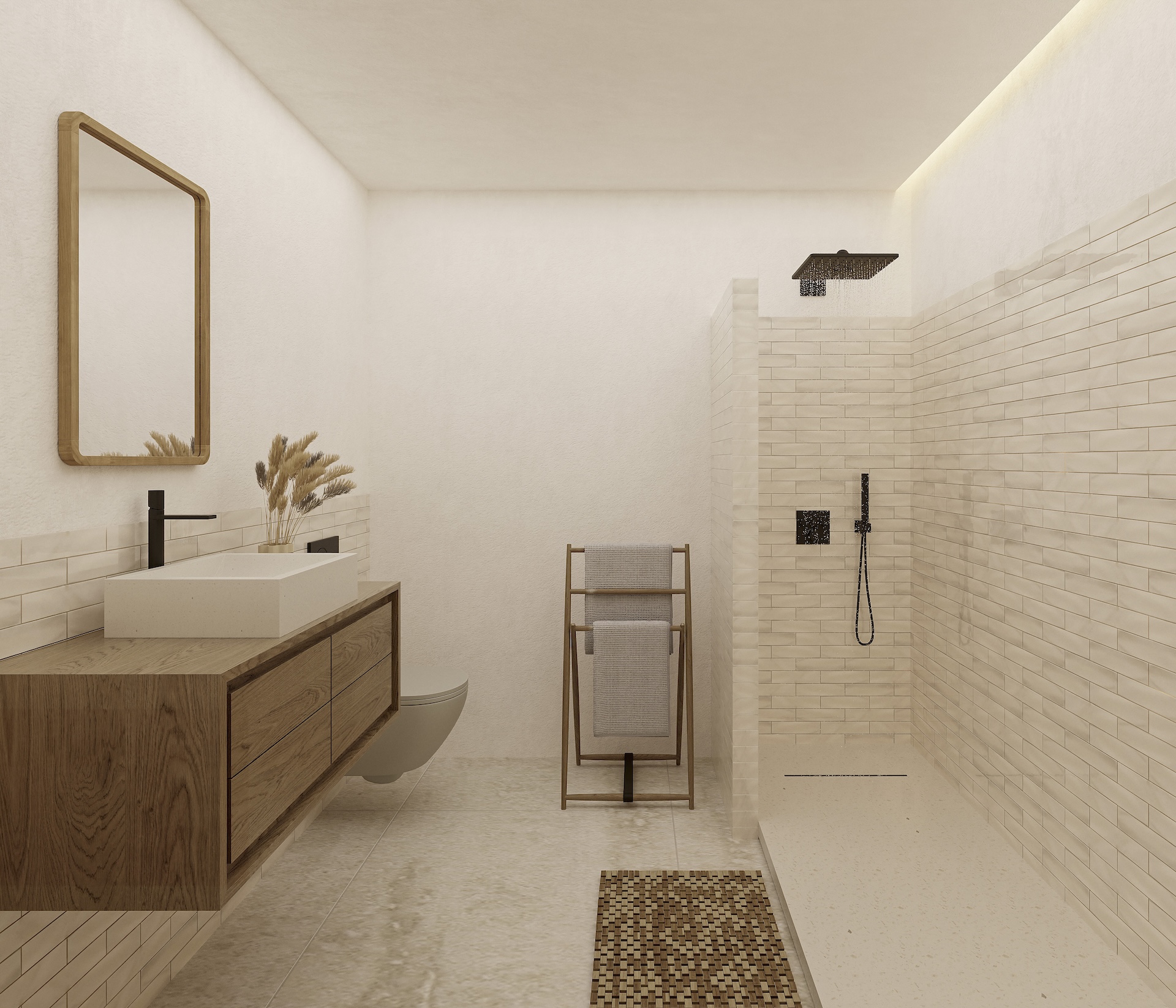 Contemporary bathroom featuring a floating oak vanity, stone vessel sink, and a walk-in shower with beige tiling and matte black fixtures.