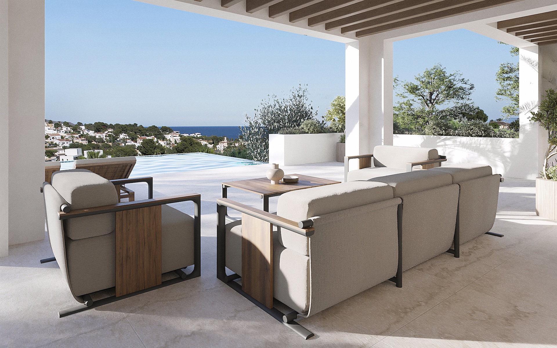 Covered terrace featuring wooden ceiling beams, contemporary outdoor lounge furniture, and panoramic sea views overlooking the infinity pool.