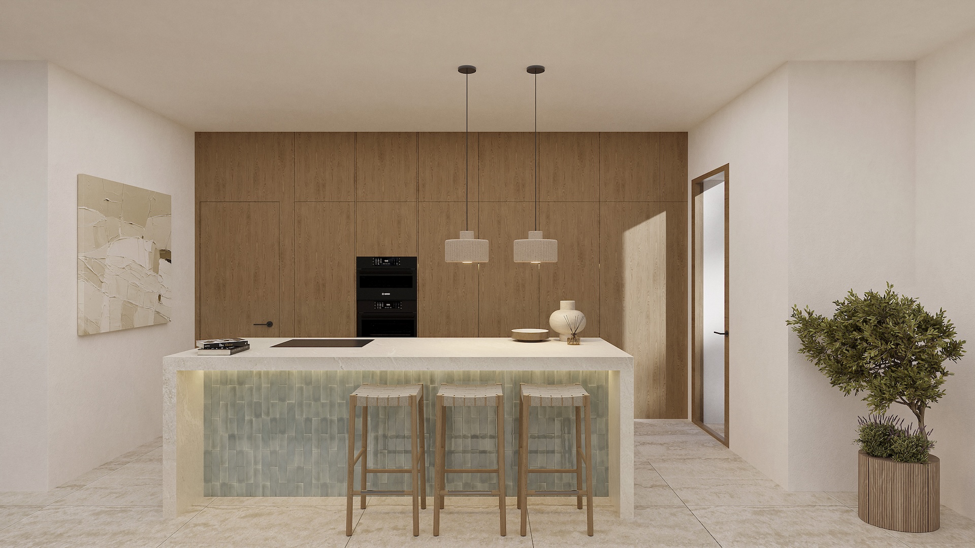 Designer kitchen featuring a central island with tiled detailing, white stone countertop, and wooden stools. The back wall showcases seamless oak cabinetry with integrated appliances.