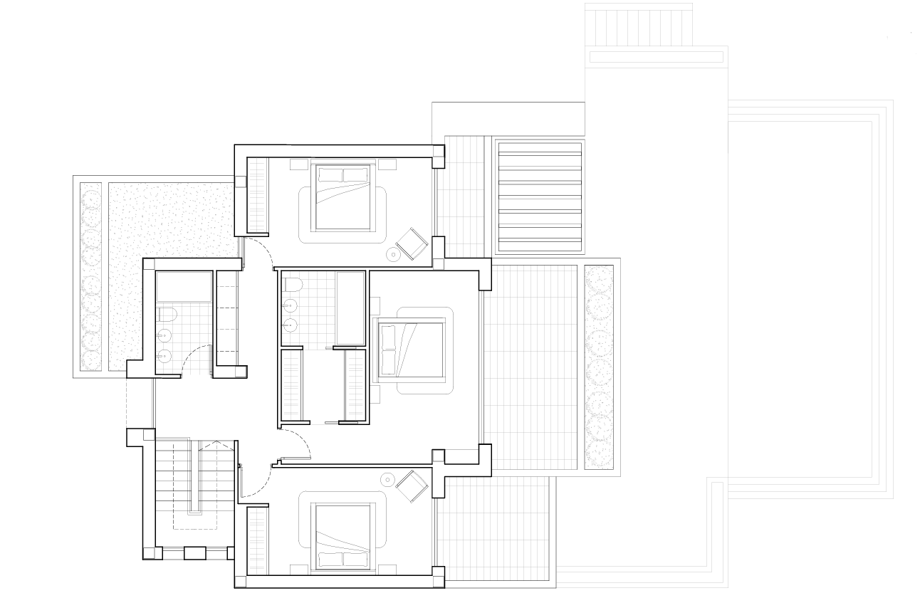 Detailed architectural floor plan of the upper level, highlighting three bedrooms, en-suite bathrooms, and expansive outdoor terrace areas.