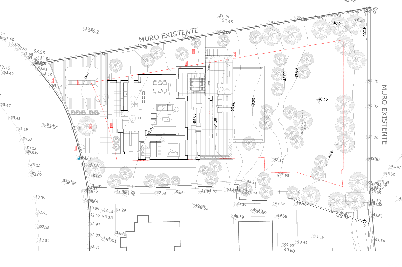 Detailed architectural site plan of the ground floor, illustrating the open-plan layout, pool area, and topographical integration within the plot.