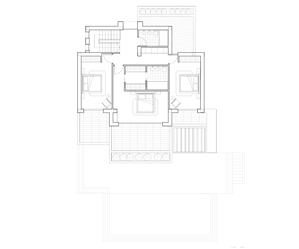 Detailed technical floor plan of the upper level, showing the layout of three bedrooms, two bathrooms, and private terraces with sea views.