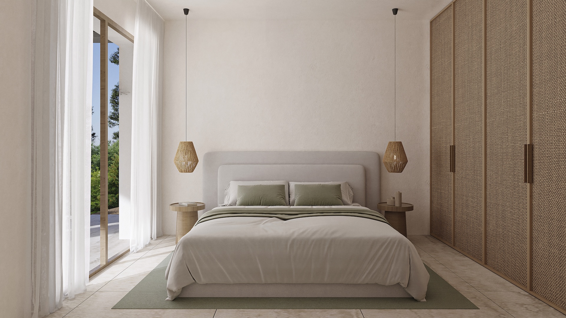 Ibizan-style bedroom featuring natural fiber wardrobes, wicker pendant lighting, and floor-to-ceiling windows that offer direct access to the terrace.