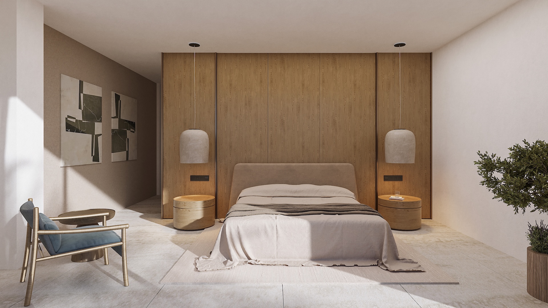 Master bedroom featuring a natural wood accent wall, designer pendant lighting, circular nightstands, and neutral stone flooring.