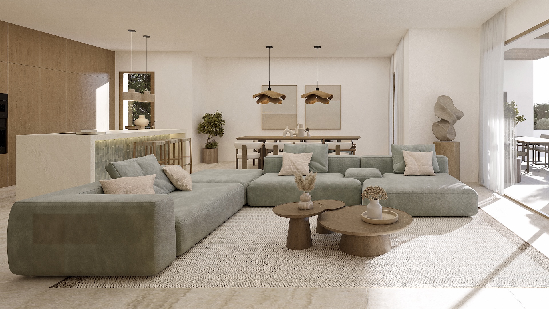 Open-plan living space featuring a modular sofa, organic pendant lighting over the dining area, and a kitchen with a stone island and wood finishes.