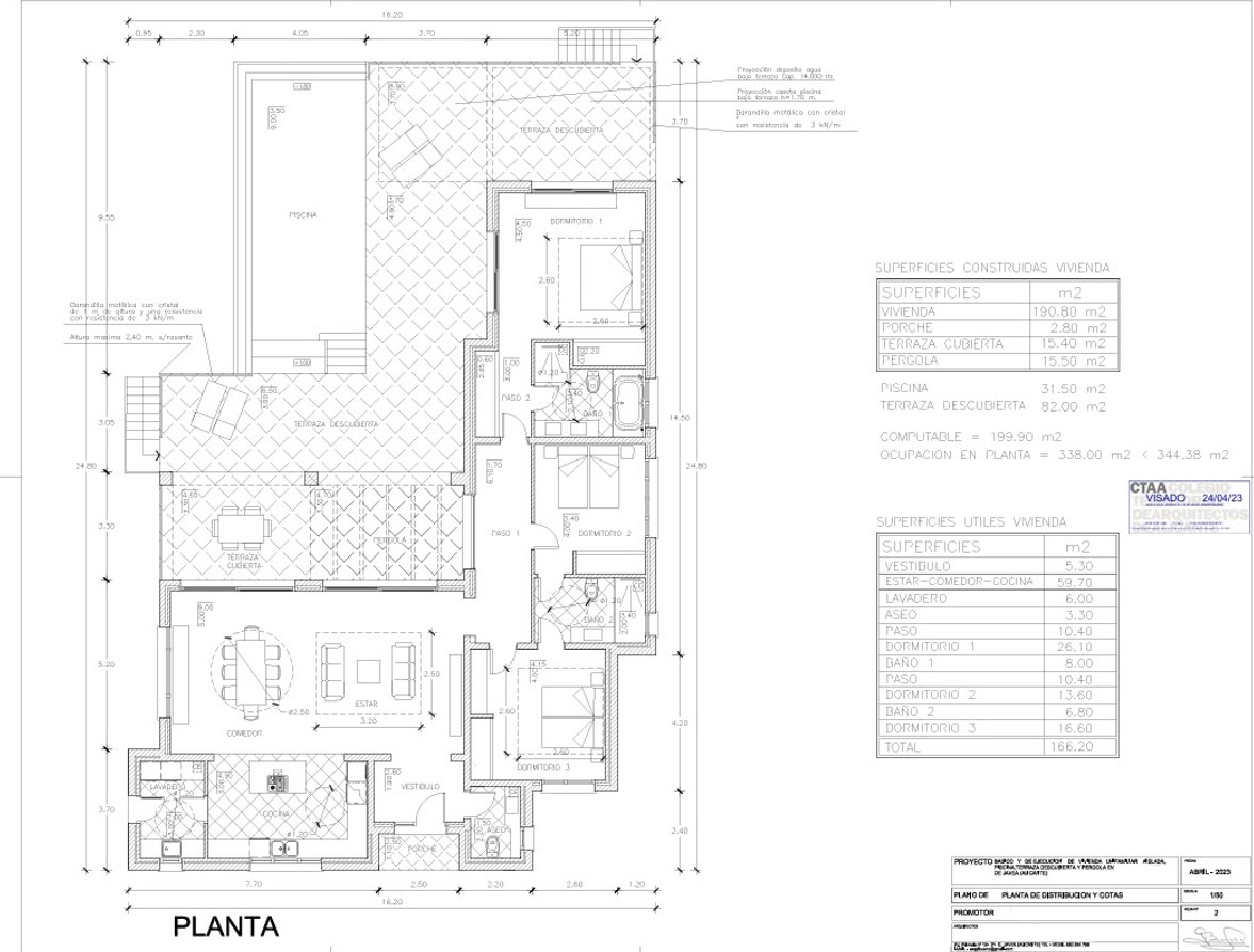 Architectural plan: villa layout featuring living/dining area, kitchen, three bedrooms, covered/uncovered terraces, and pool.
