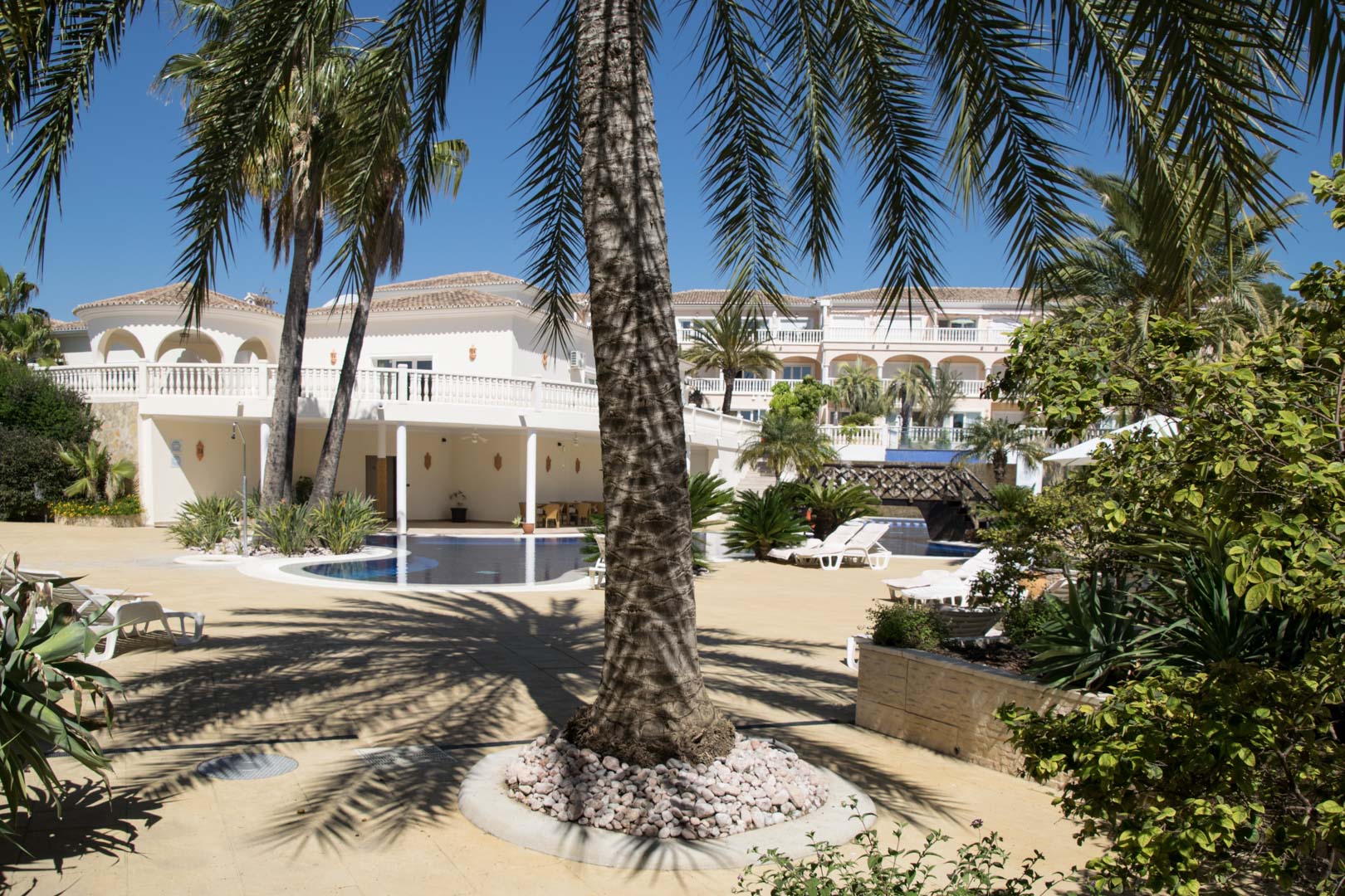 Exterior view of the lagoon-style pool area surrounded by palm trees and Mediterranean gardens. The architecture features white facades with classic balustrades.