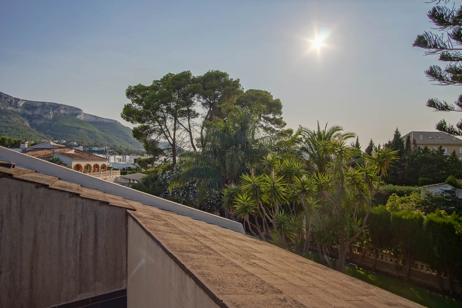 Unobstructed views of the Montgó mountain from the upper level, overlooking a mature Mediterranean landscape with palm and pine trees.