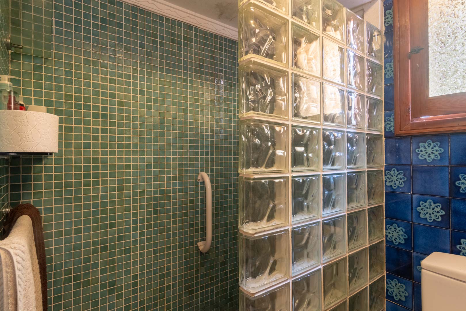 Bathroom featuring a green mosaic shower area separated by a glass block wall. Includes decorative blue tiles with floral patterns and a wooden-framed window.