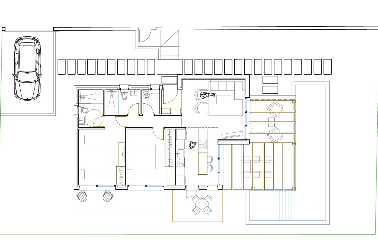Detailed floor plan of the Tiny Model featuring two bedrooms, two bathrooms, an open-plan kitchen with island, and an outdoor terrace with a pergola and pool.