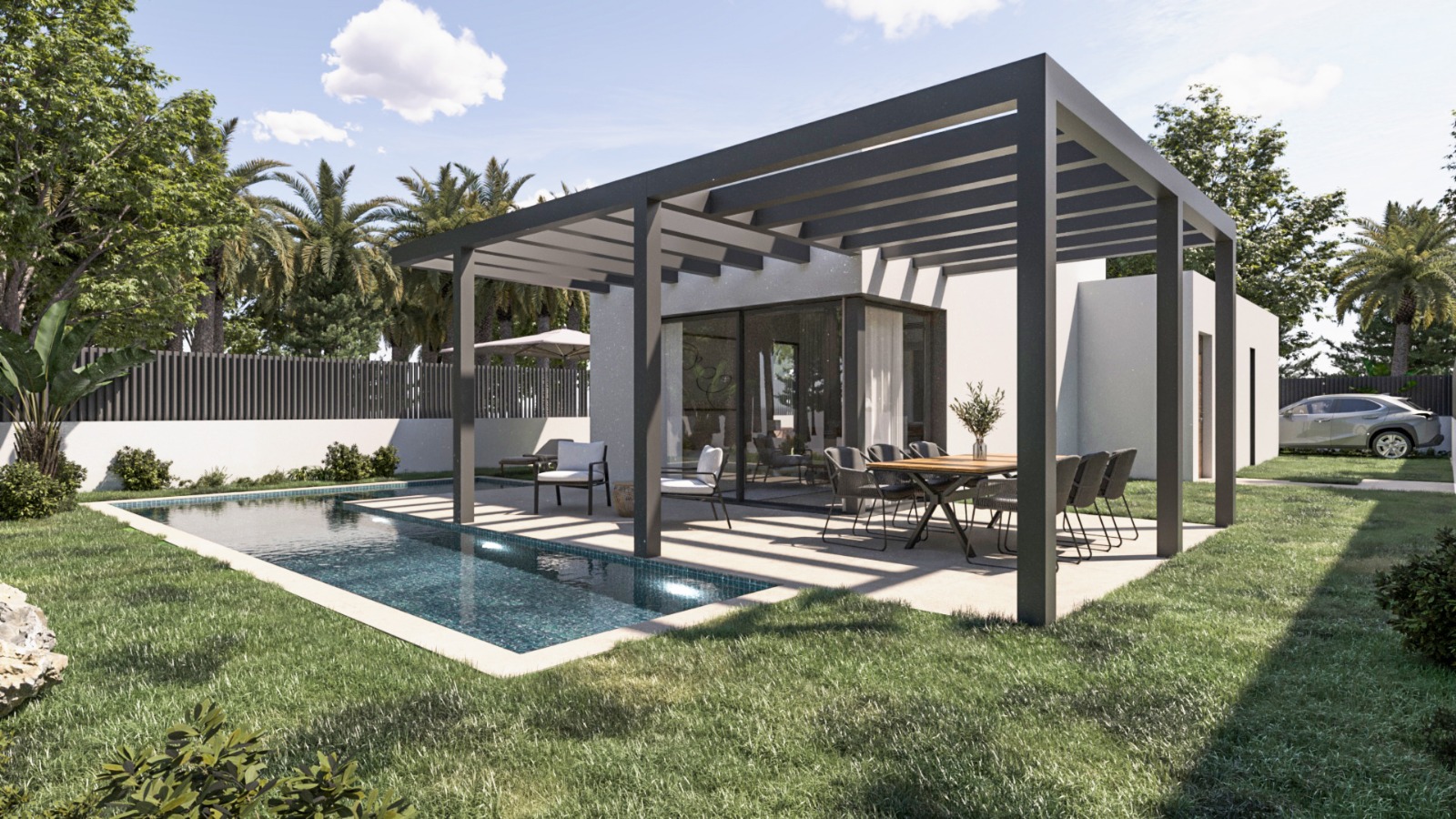 Exterior terrace featuring an anthracite aluminum pergola, outdoor dining area, and a private swimming pool set within a landscaped lawn.