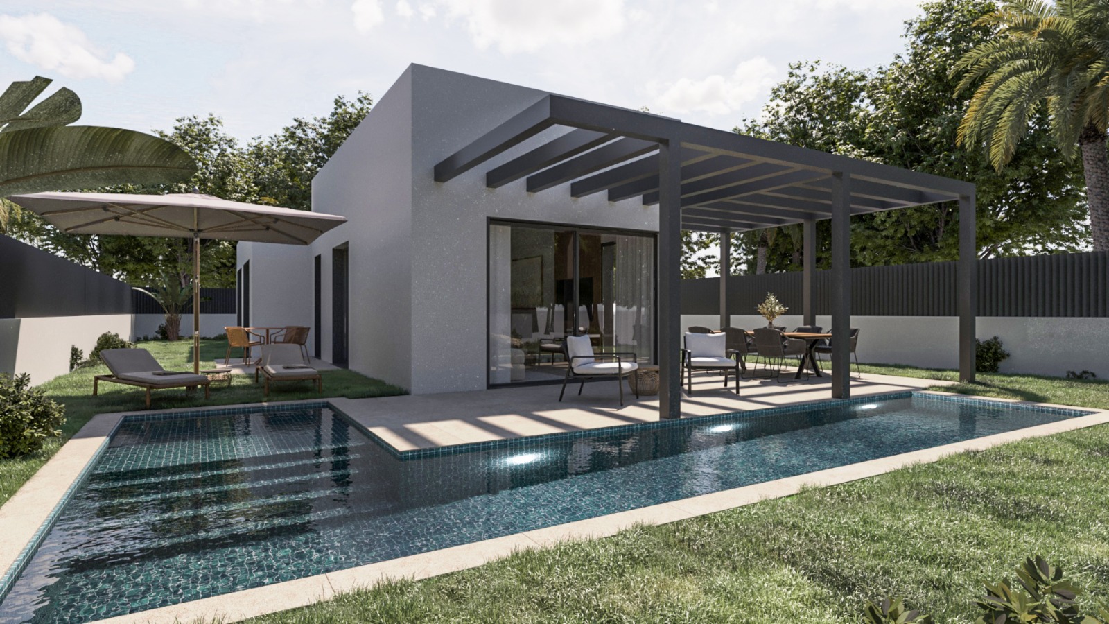 Exterior view featuring an L-shaped pool with turquoise tiles, a dark metal pergola for outdoor dining, and minimalist grey architecture set within a lawned garden.