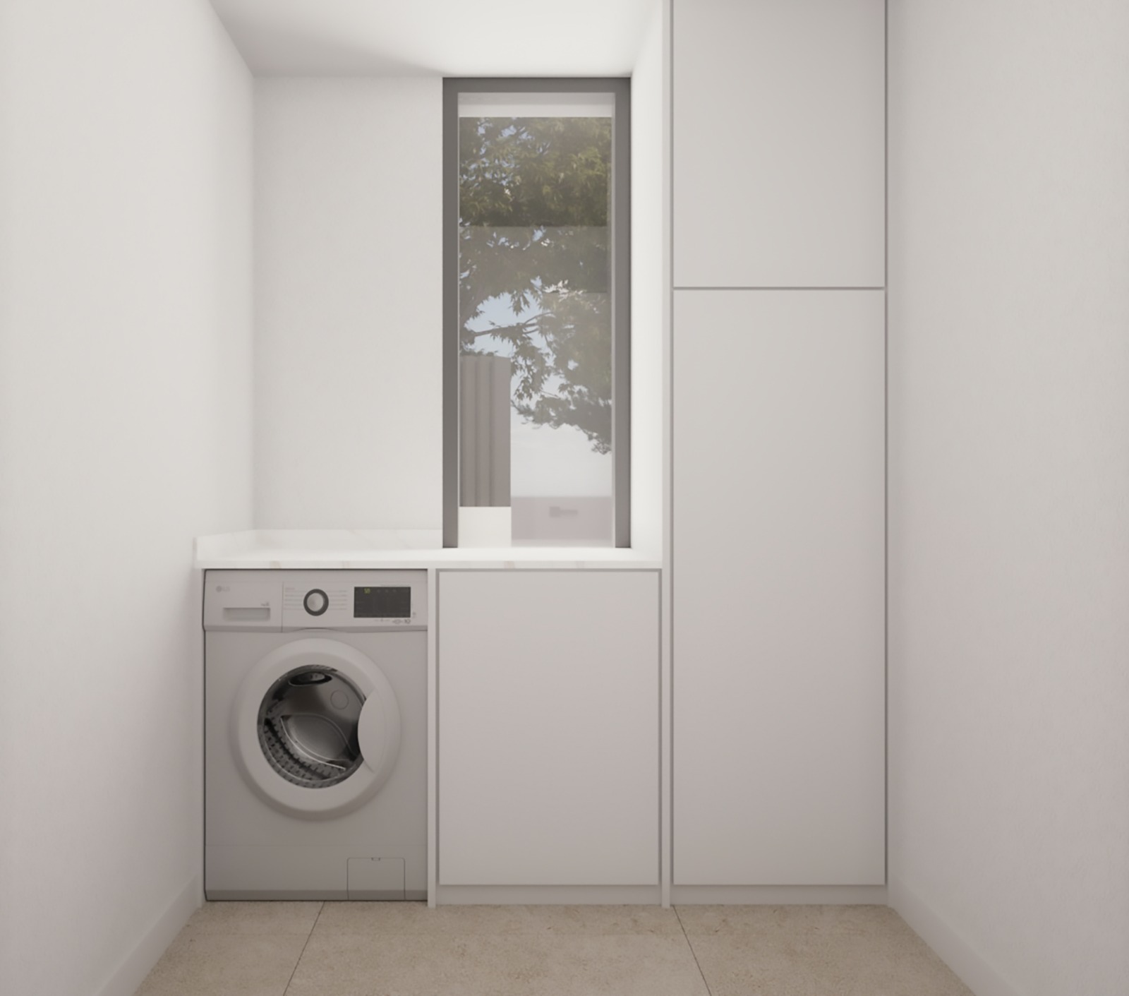 Functional utility room featuring minimalist white cabinetry, an integrated washing machine, and a vertical window providing natural light and garden views.