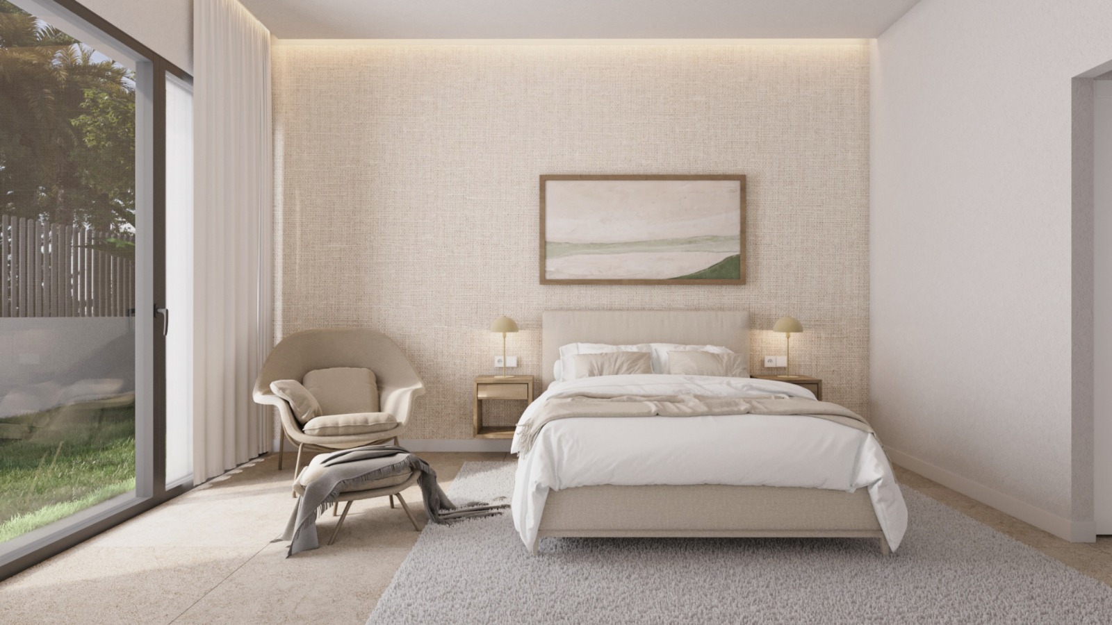 Master bedroom featuring a textured accent wall, recessed ceiling lighting, and floor-to-ceiling glass doors opening to the garden.