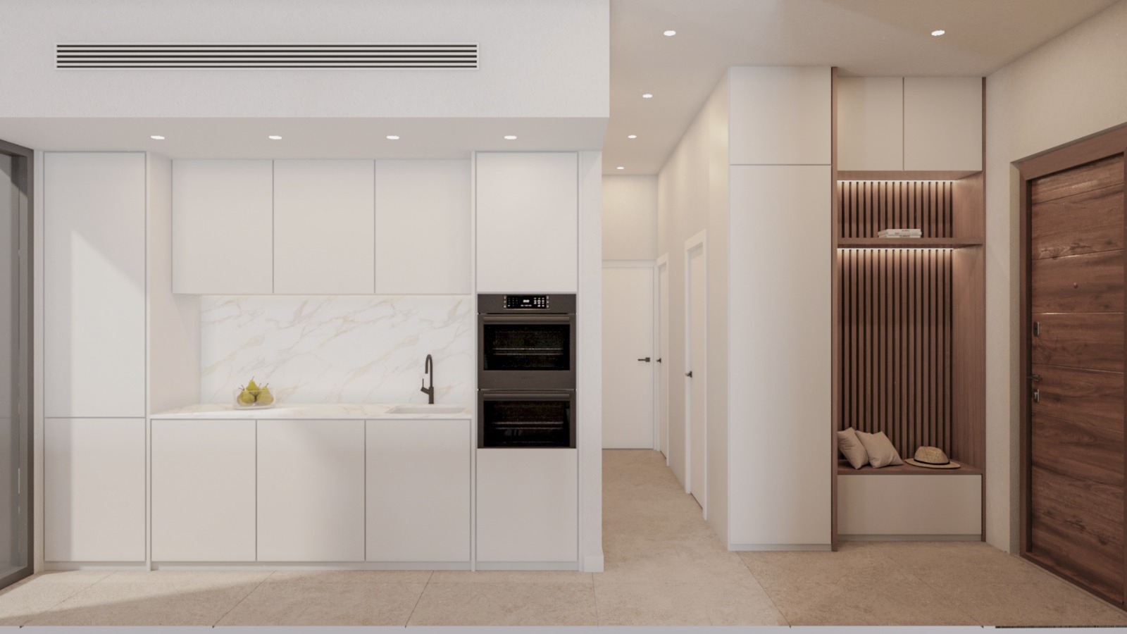 Minimalist white kitchen featuring integrated appliances and marble-effect surfaces, adjacent to a hallway with a custom wood-slat bench and storage.