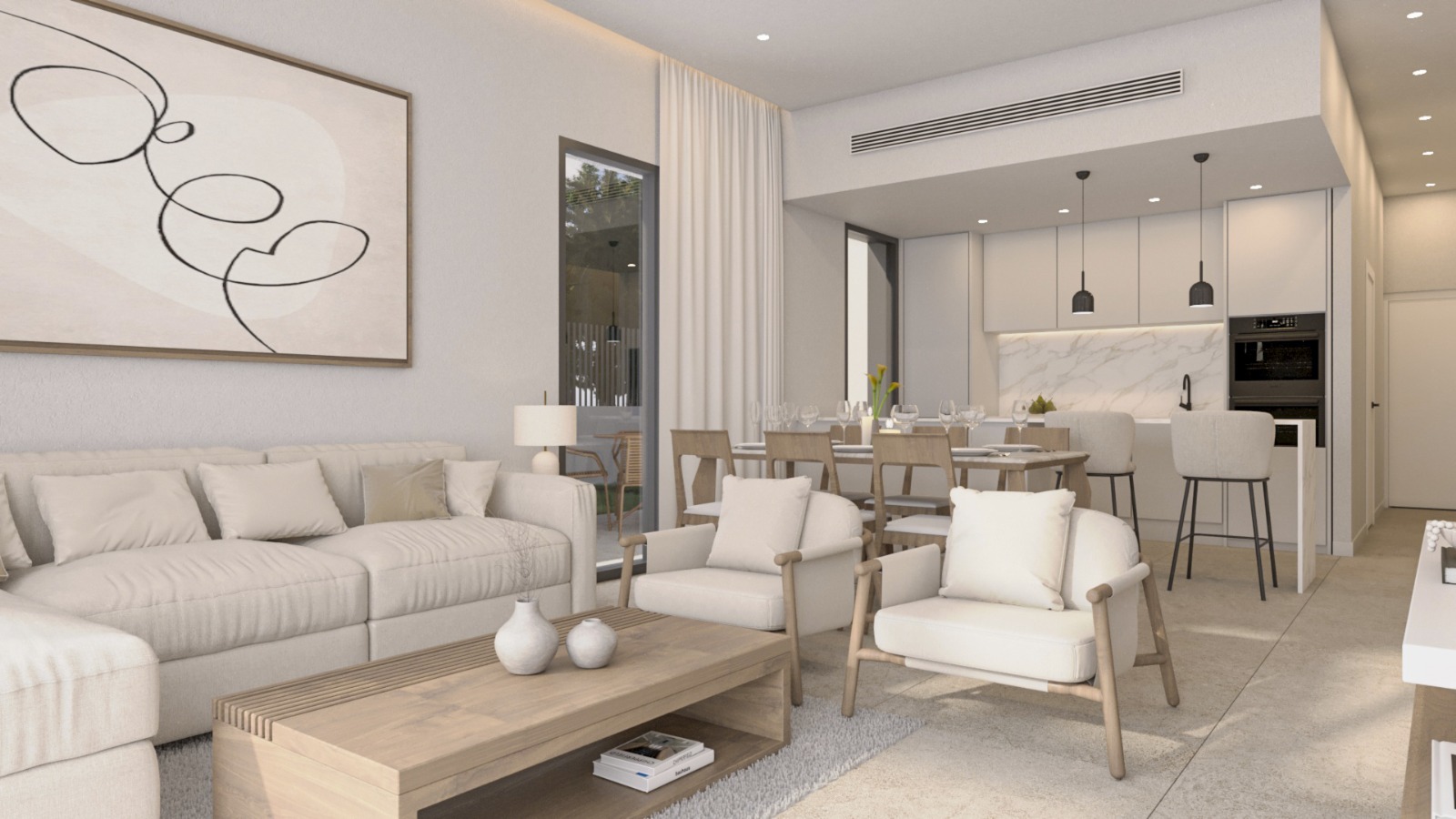 Open-plan living area featuring a minimalist lounge, a wooden dining set, and a modern kitchen with integrated appliances and marble backsplash.